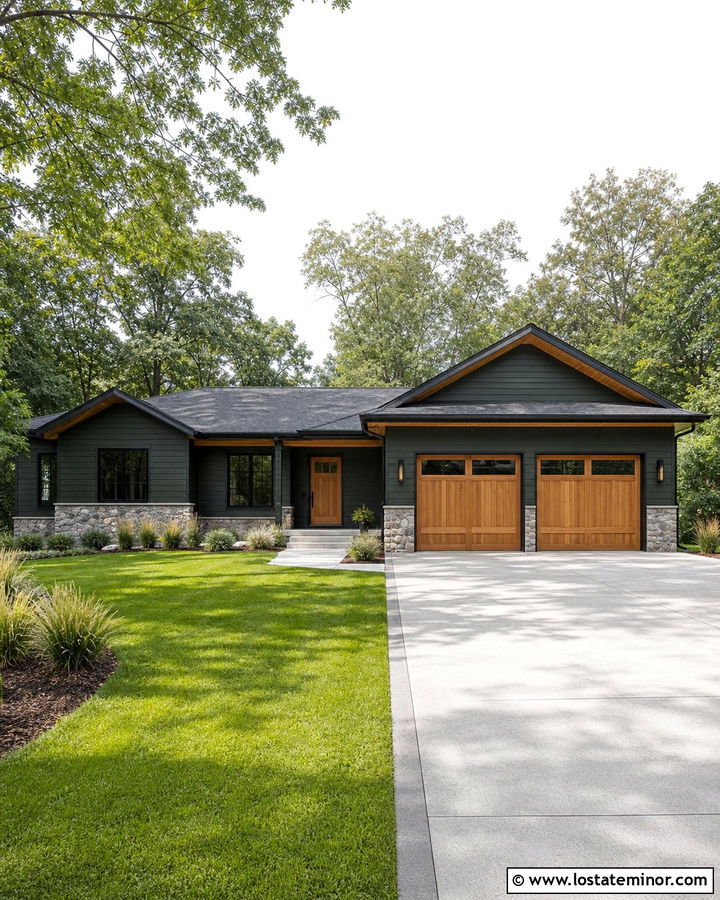 Forest Green Siding With Natural Wood Garage Doors - 30 Forest Green House Design With Siding Ideas