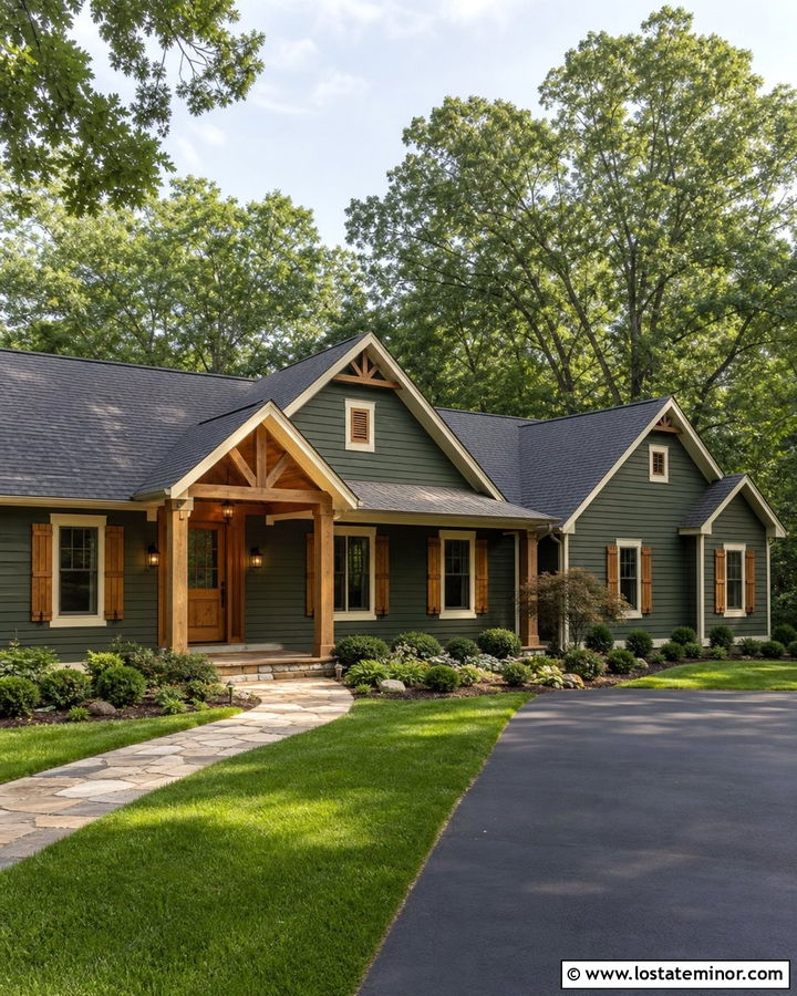 Forest Green Siding With Wood Shutters - 30 Forest Green House Design With Siding Ideas