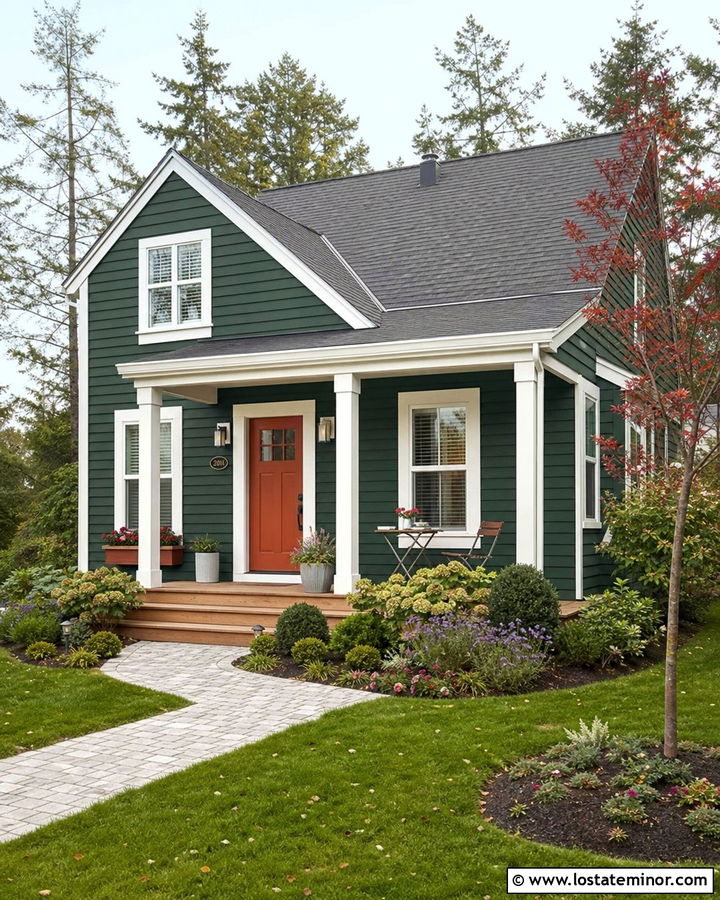 Forest Green Small House With Layered Foundation Beds - 30 Forest Green House Design With Front Yard Ideas