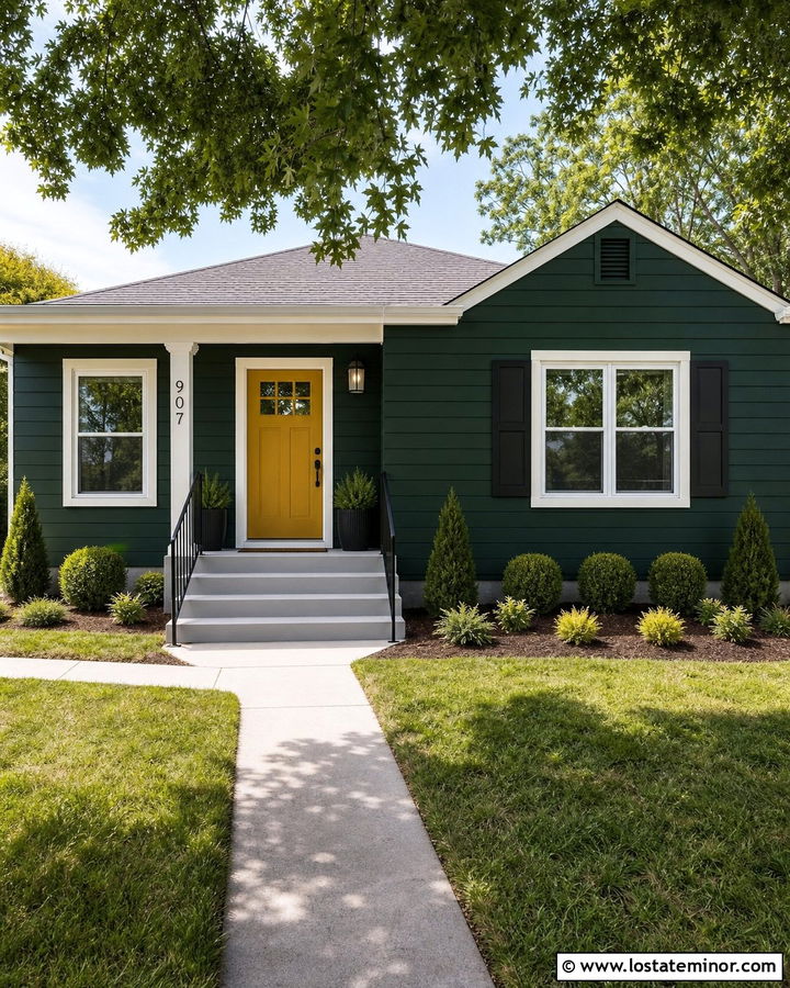 Forest Green Small House With Painted Concrete Steps - 30 Forest Green House Design With Steps Ideas