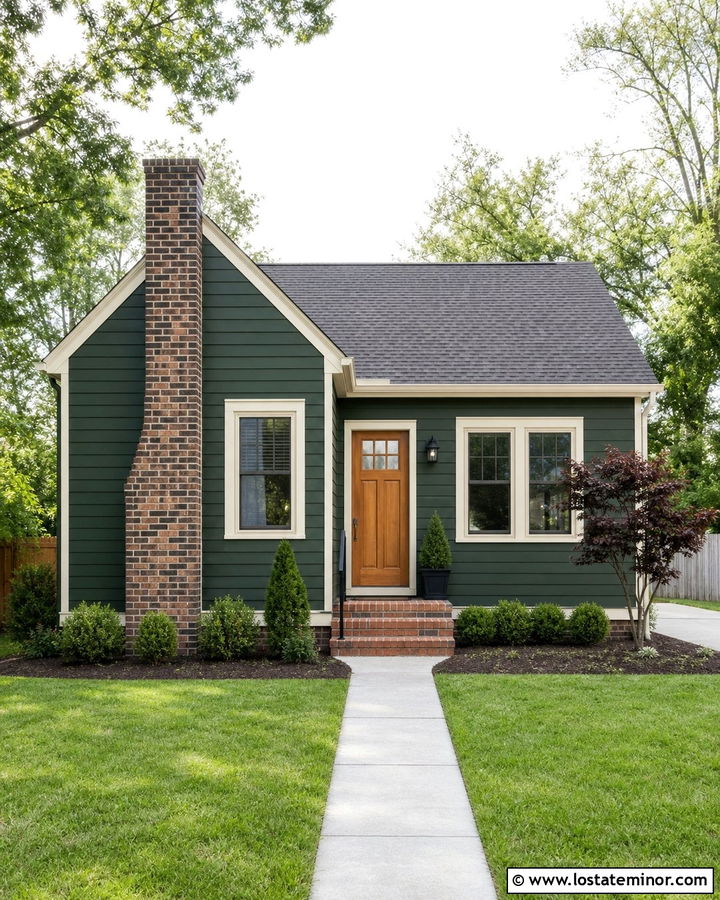 Forest Green Small House With Slim Brick Chimney - 30 Forest Green House Design With Chimney Ideas