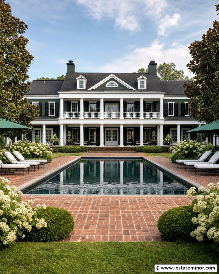 Forest Green Southern Colonial With Brick Pool Deck - 30 Forest Green House Design With Swimming Pool Ideas