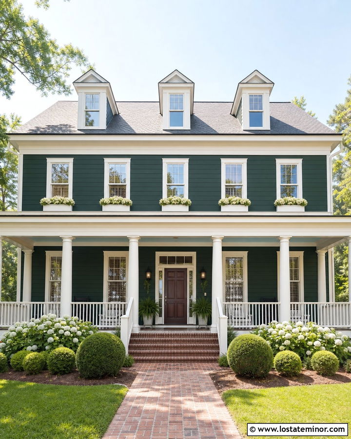 Forest Green Southern House With Cream Window Boxes - 30 Forest Green House Design With Window Boxes Ideas