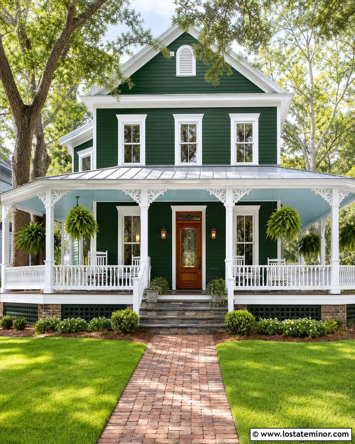 Forest Green Southern House With Robins Egg Blue Ceiling - 30 Forest Green House Design With Porch Ceiling Ideas