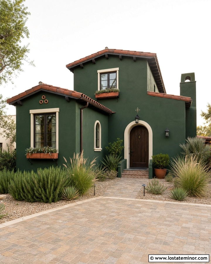Forest Green Spanish House With Clay Window Boxes - 30 Forest Green House Design With Window Boxes Ideas