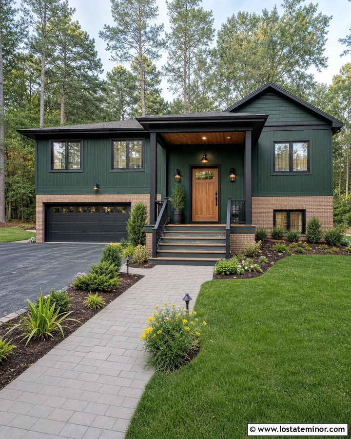 Forest Green Split Level House With Charcoal Porch - 30 Forest Green House Design With Front Porch Ideas