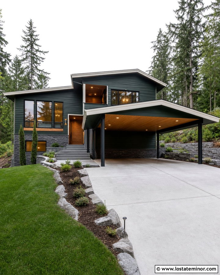 Forest Green Split Level House With Double Carport - 30 Forest Green House Design With Carport Ideas