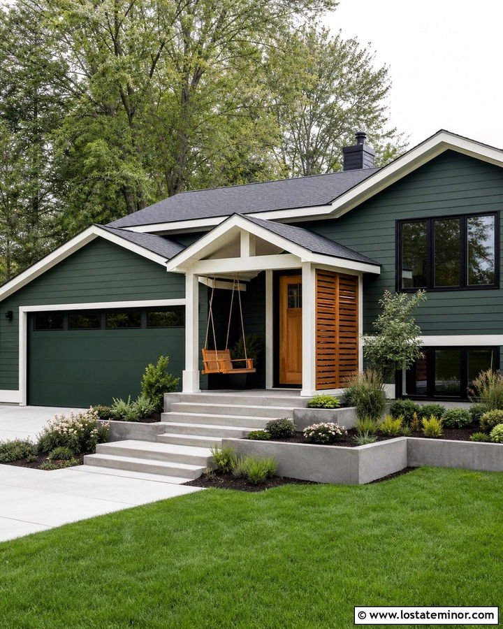 Forest Green Split Level House With Hanging Swing - 30 Forest Green House Design With Swing Ideas