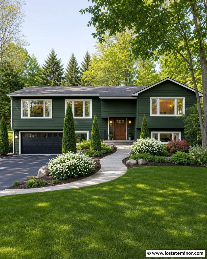 Forest Green Split Level House With Layered Shrubs - 30 Forest Green House Design With Landscaping Ideas