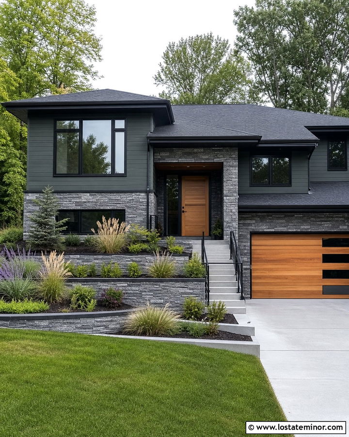 Forest Green Split Level House With Stacked Stone - 30 Forest Green House Design With Stone Accents Ideas