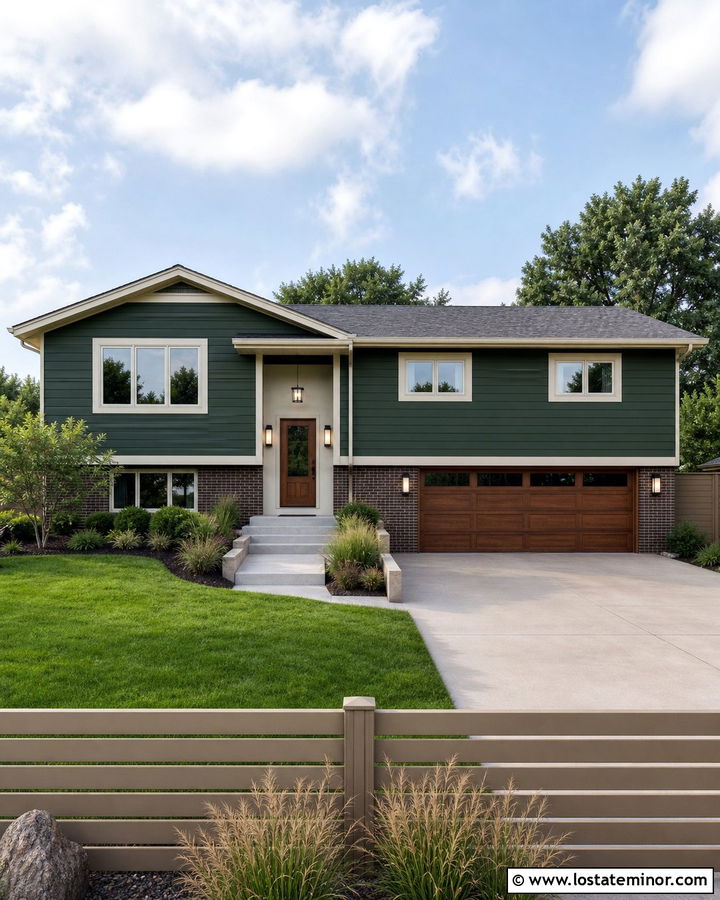 Forest Green Split Level House With Taupe Fence - 30 Forest Green House Design With Fence Ideas