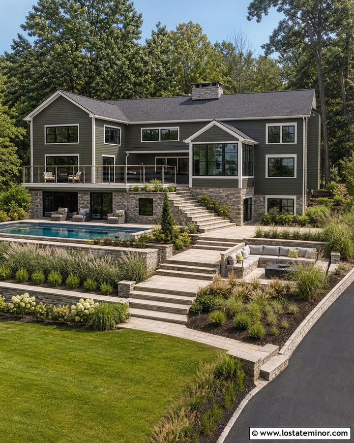 Forest Green Split Level House With Terraced Pool - 30 Forest Green House Design With Swimming Pool Ideas
