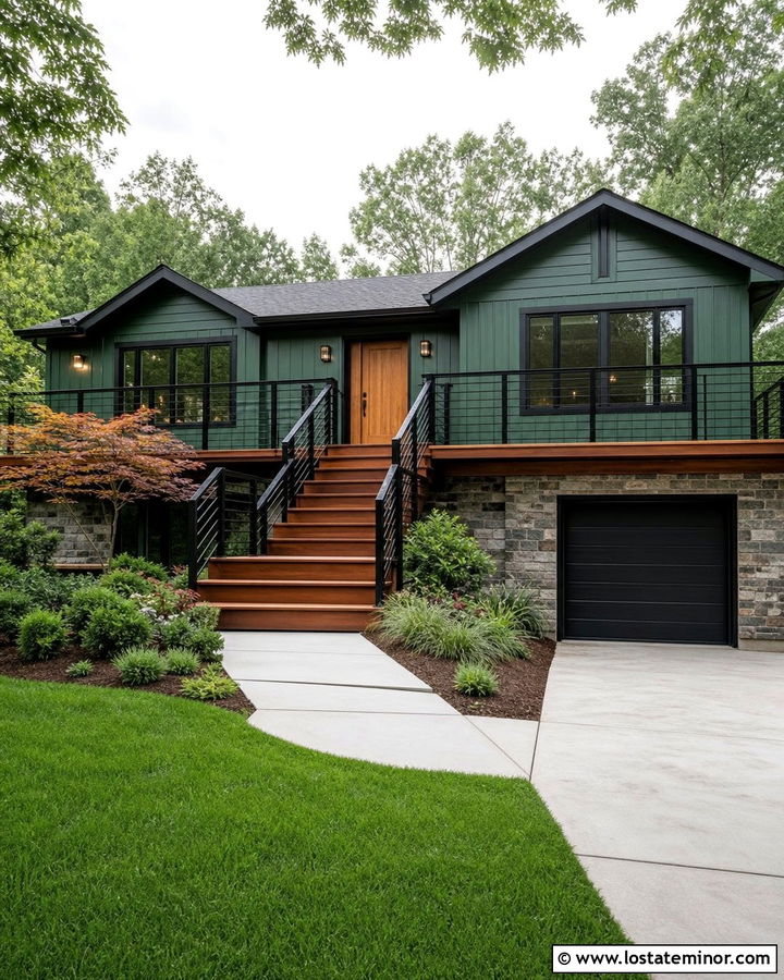 Forest Green Split Level With Black Deck Railings - 30 Forest Green House Design With Railings Ideas
