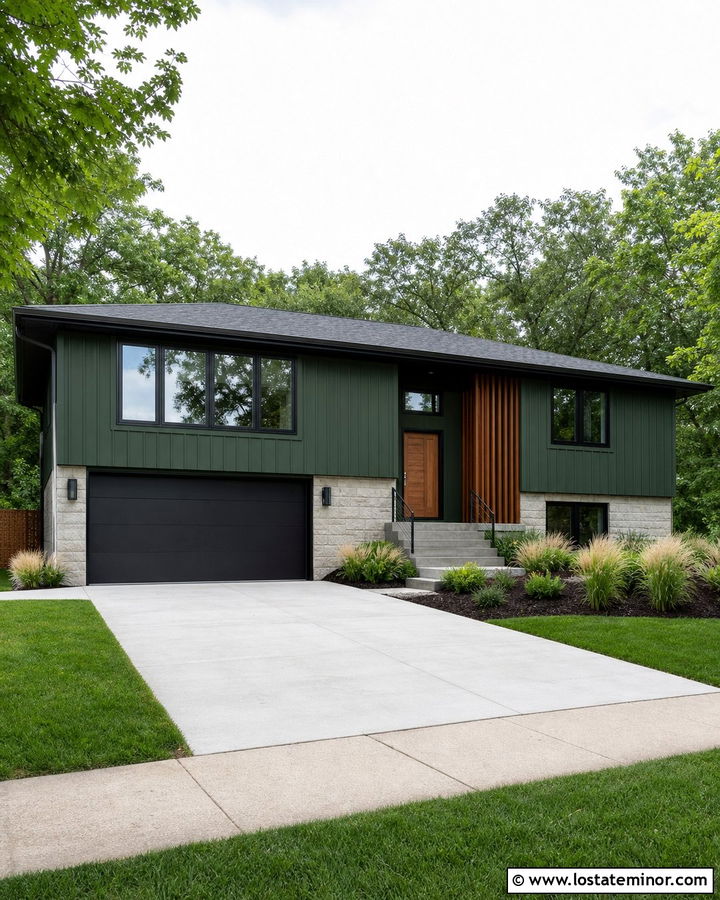 Forest Green Split Level With Black Garage Door - 30 Forest Green House Design With Garage Door Ideas