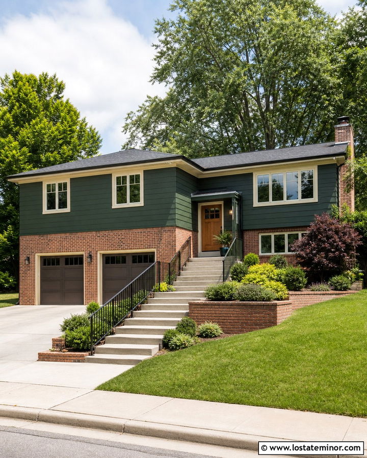Forest Green Split Level With Brick Garage - 30 Forest Green House Design With Brick Accents Ideas