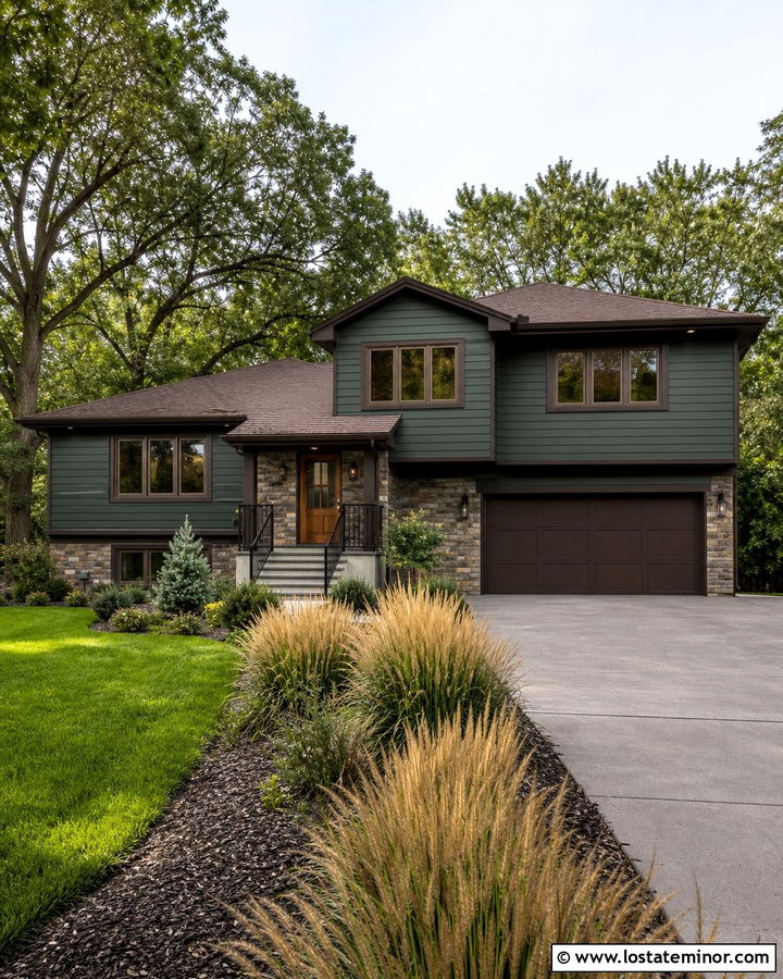Forest Green Split Level With Bronze Window Frames - 30 Forest Green House Design With Window Frames Ideas