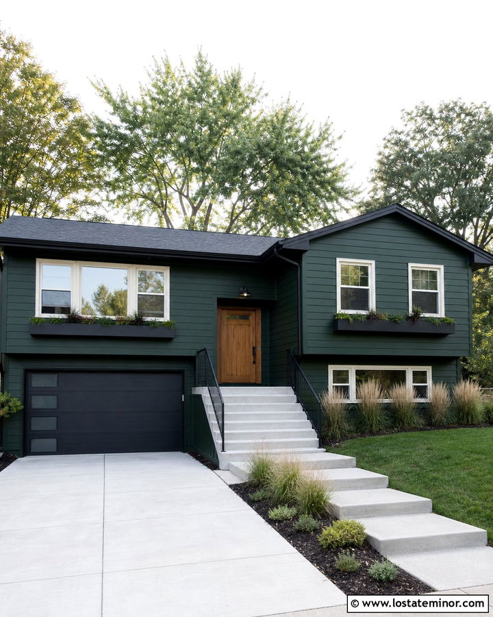 Forest Green Split Level With Charcoal Window Boxes - 30 Forest Green House Design With Window Boxes Ideas