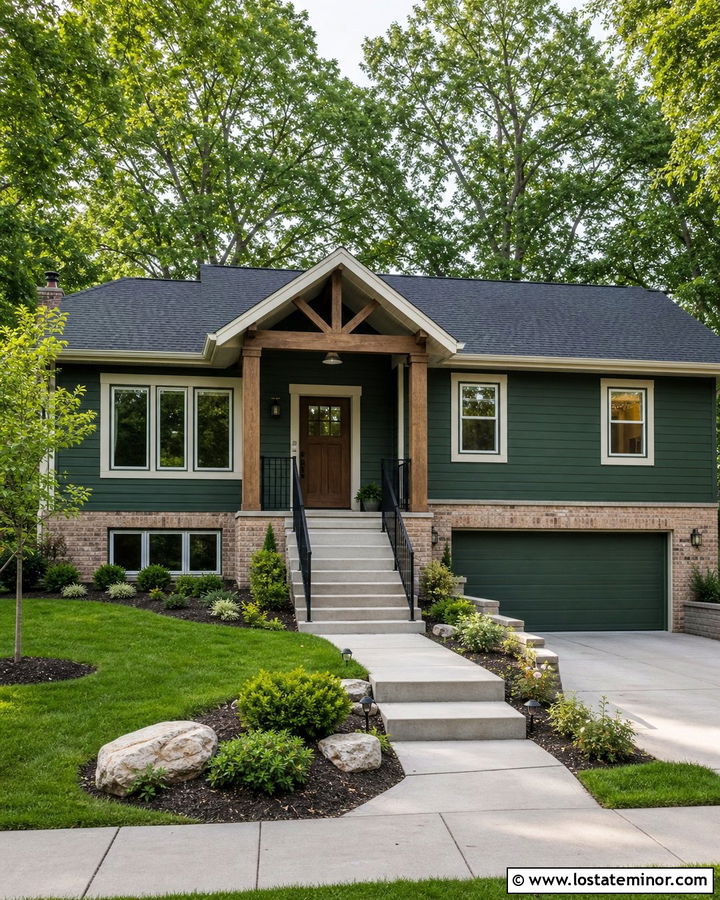 Forest Green Split Level With Extended Portico - 30 Forest Green House Design With Portico Ideas