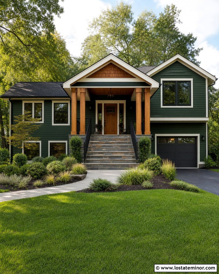 Forest Green Split Level With Gabled Porch Columns - 30 Forest Green House Design With Porch Columns Ideas