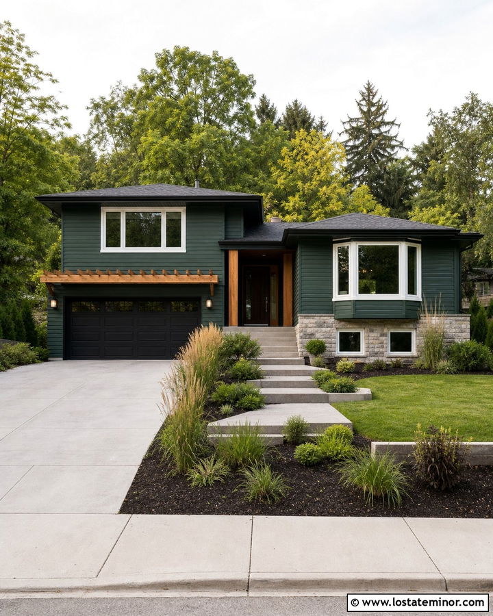 Forest Green Split Level With Garage Pergola - 30 Forest Green House Design With Pergola Ideas