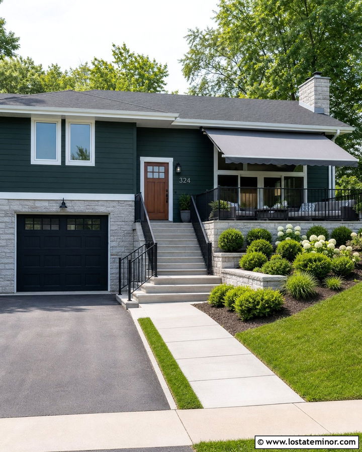 Forest Green Split Level With Gray Retractable Awning - 30 Forest Green House Design With Awning Ideas