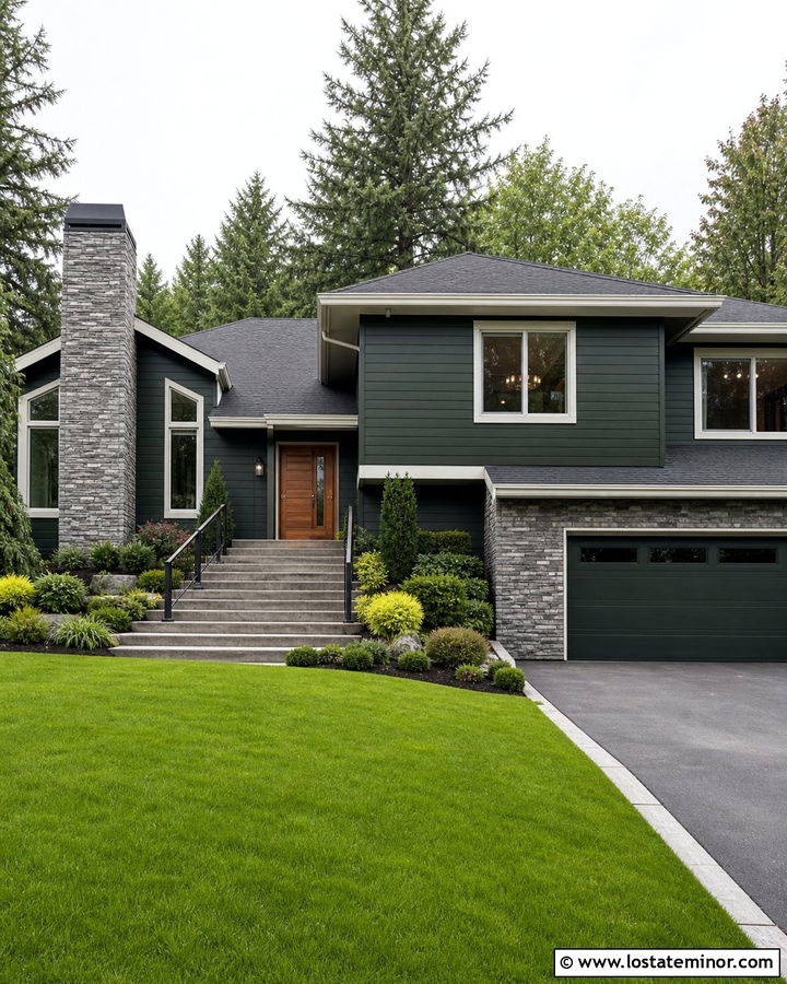 Forest Green Split Level With Gray Stone Chimney - 30 Forest Green House Design With Chimney Ideas