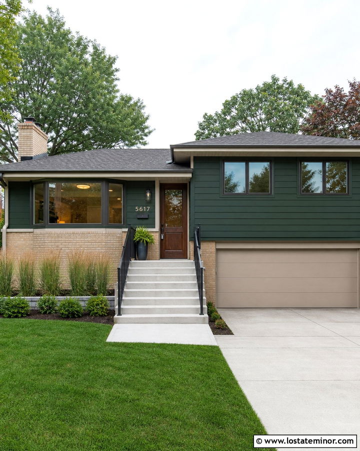 Forest Green Split Level With Greige Porch Ceiling - 30 Forest Green House Design With Porch Ceiling Ideas