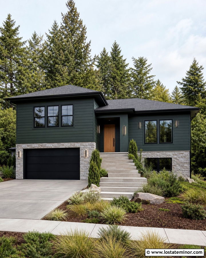 Forest Green Split Level With LED Sconces - 30 Forest Green House Design With Light Fixtures Ideas