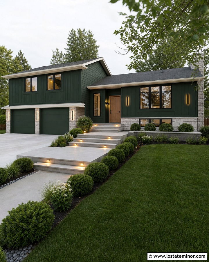 Forest Green Split Level With Linear Lighting - 30 Forest Green House Design With Lighting Ideas