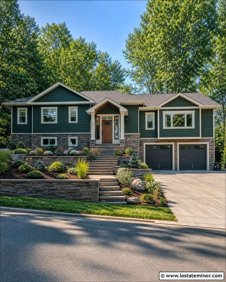 Forest Green Split Level With Terraced Beds - 30 Forest Green House Design With Front Yard Ideas
