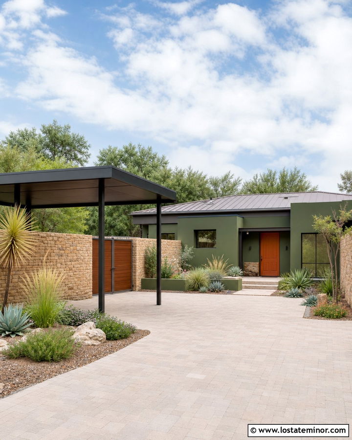 Forest Green Stucco House With Courtyard Carport - 30 Forest Green House Design With Carport Ideas