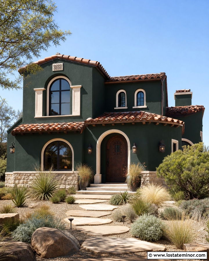 Forest Green Stucco House With Terracotta Awnings - 30 Forest Green House Design With Awning Ideas