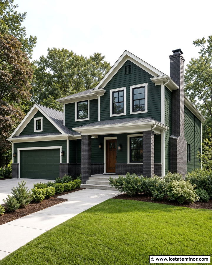 Forest Green Suburban House With Charcoal Brick Chimney - 30 Forest Green House Design With Chimney Ideas