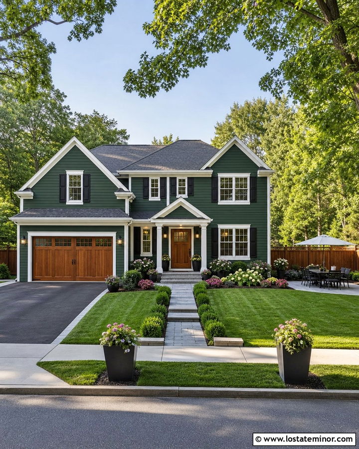 Forest Green Suburban House With Fenced Backyard - 30 Forest Green House Design With Backyard Ideas