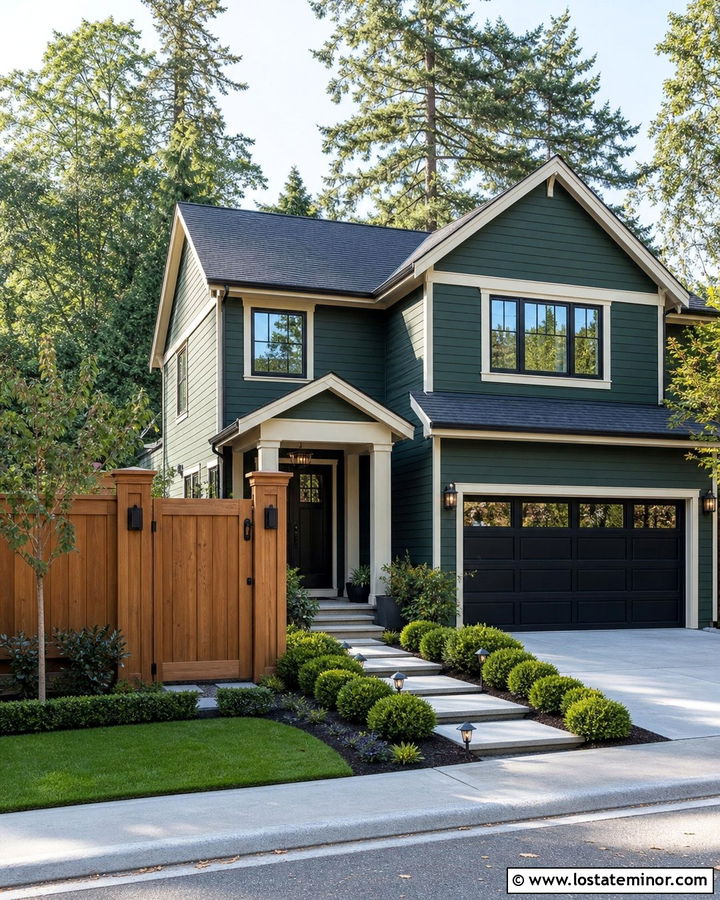Forest Green Suburban House With Privacy Gate - 30 Forest Green House Design With Fence Ideas