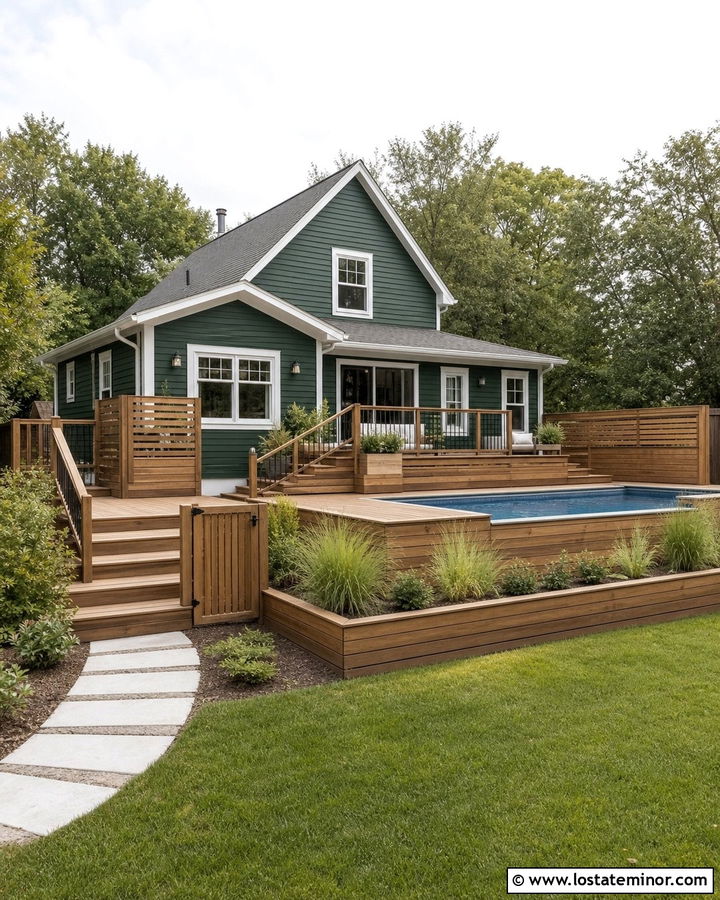 Forest Green Suburban House With Raised Pool Deck - 30 Forest Green House Design With Swimming Pool Ideas