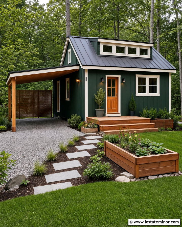 Forest Green Tiny House With Compact Carport - 30 Forest Green House Design With Carport Ideas