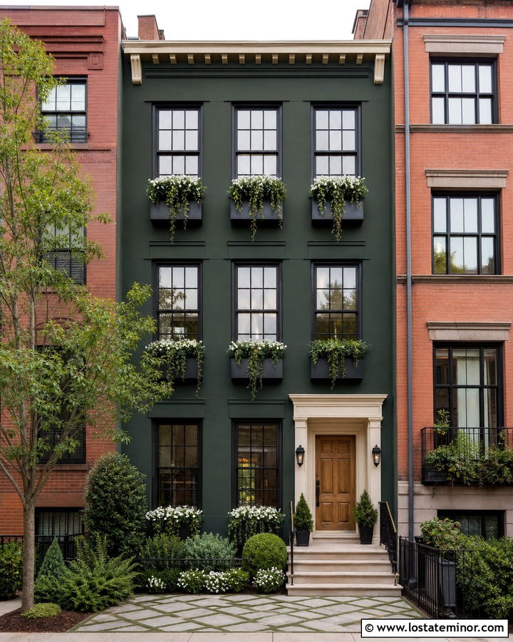 Forest Green Townhouse With Black Window Boxes - 30 Forest Green House Design With Window Boxes Ideas