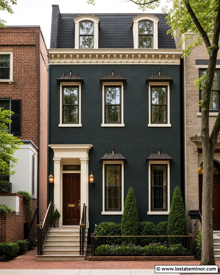 Forest Green Townhouse With Bronze Spear Awnings - 30 Forest Green House Design With Awning Ideas