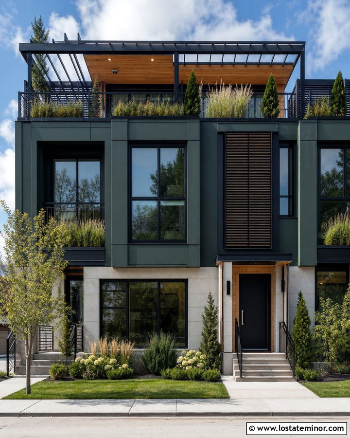Forest Green Townhouse With Rooftop Pergola - 30 Forest Green House Design With Pergola Ideas