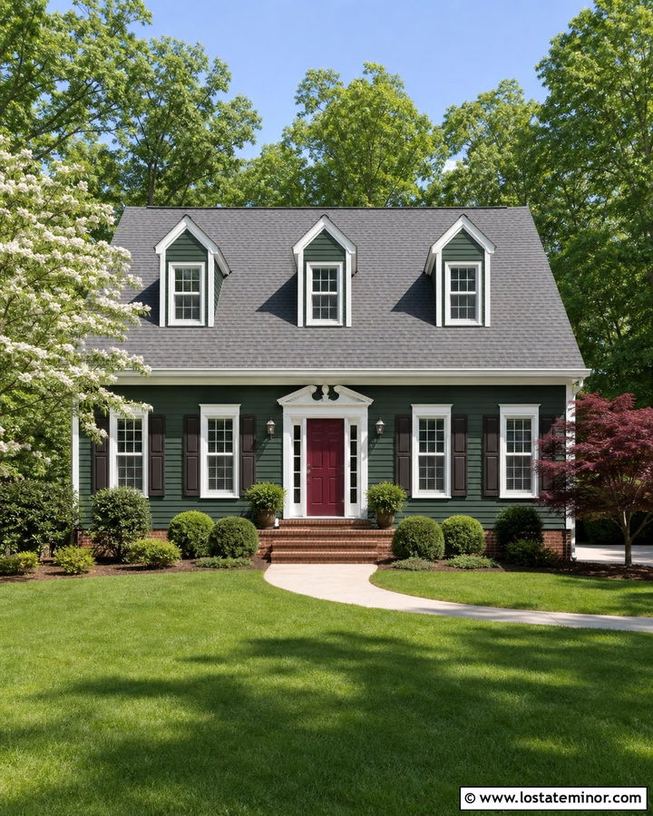 Forest Green Traditional House With Burgundy Door - 30 Forest Green House Design With Dormers Ideas