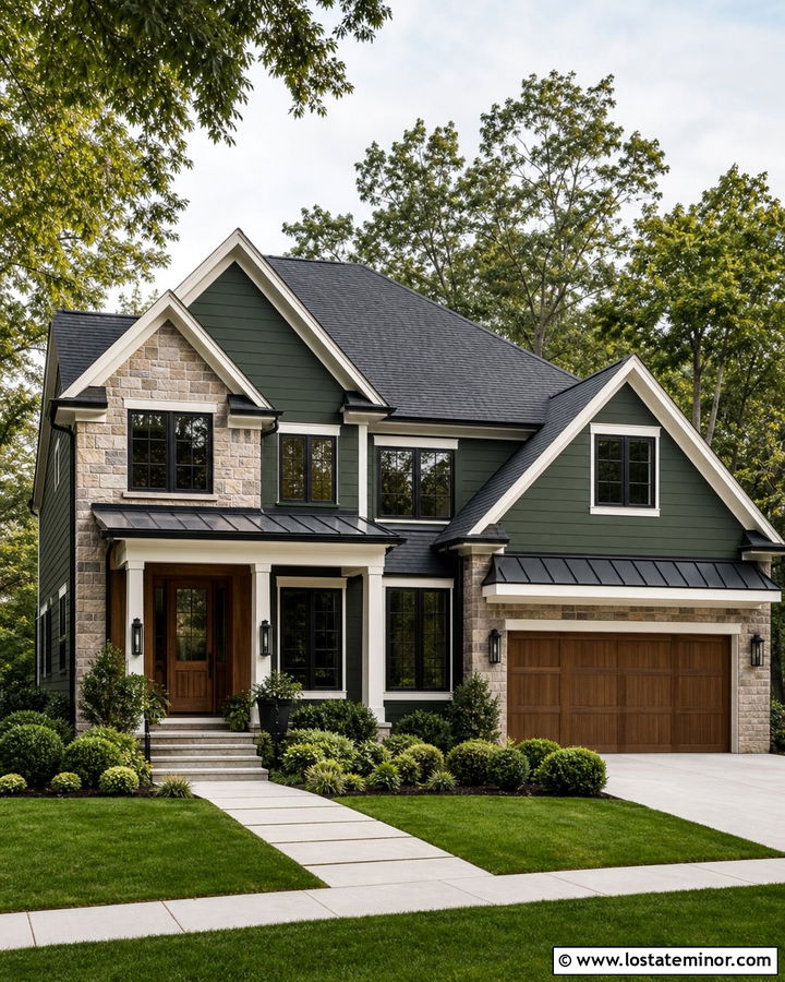 Forest Green Transitional House With Mixed Stone - 30 Forest Green House Design With Stone Accents Ideas