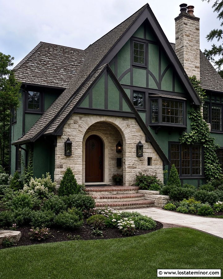 Forest Green Tudor House With Arched Porch - 30 Forest Green House Design With Front Porch Ideas