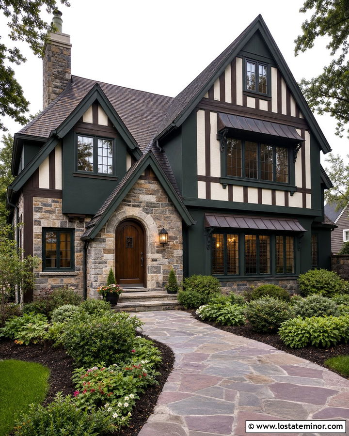 Forest Green Tudor House With Bronze Window Awnings - 30 Forest Green House Design With Awning Ideas