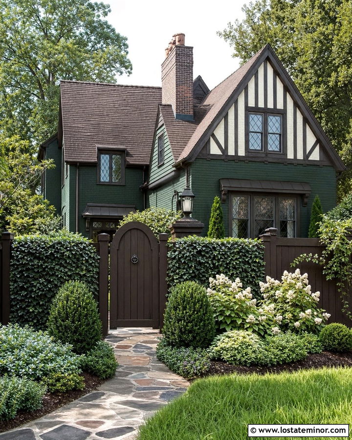 Forest Green Tudor House With Dark Brown Fence - 30 Forest Green House Design With Fence Ideas