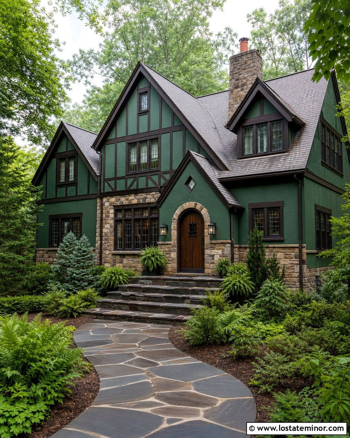 Forest Green Tudor House With Flagstone Steps - 30 Forest Green House Design With Steps Ideas