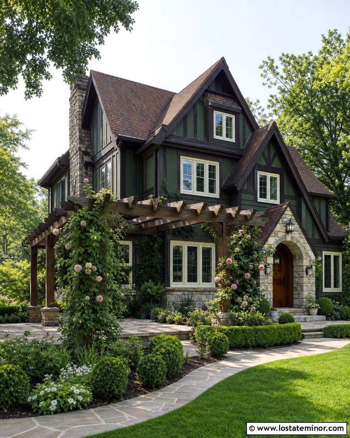 Forest Green Tudor House With Oak Pergola - 30 Forest Green House Design With Pergola Ideas