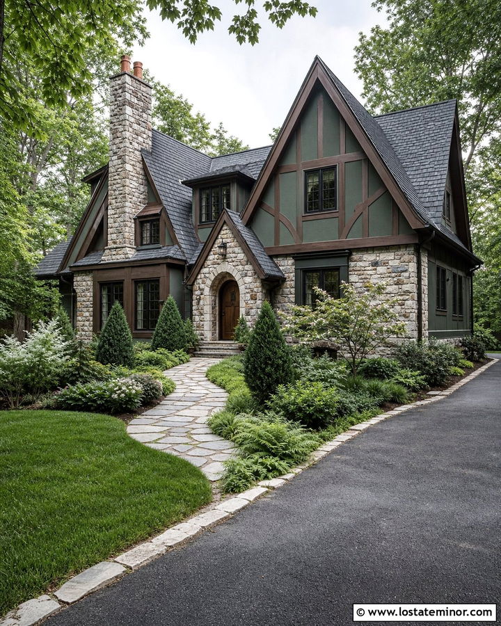 Forest Green Tudor House With Rubble Stone - 30 Forest Green House Design With Stone Accents Ideas