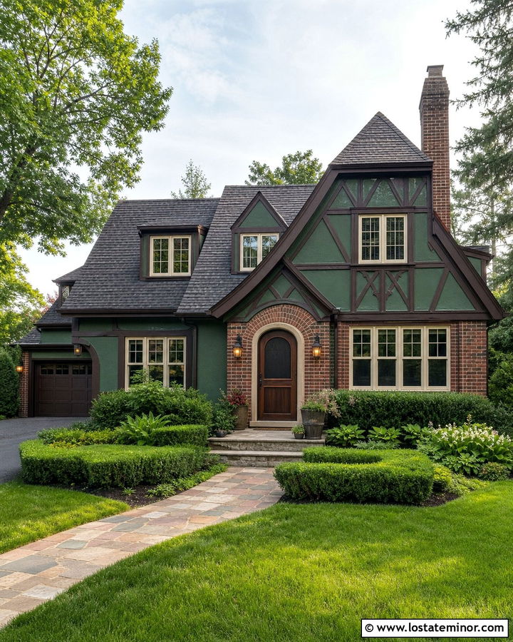 Forest Green Tudor With Arched Screen Door - 30 Forest Green House Design With Screen Door Ideas