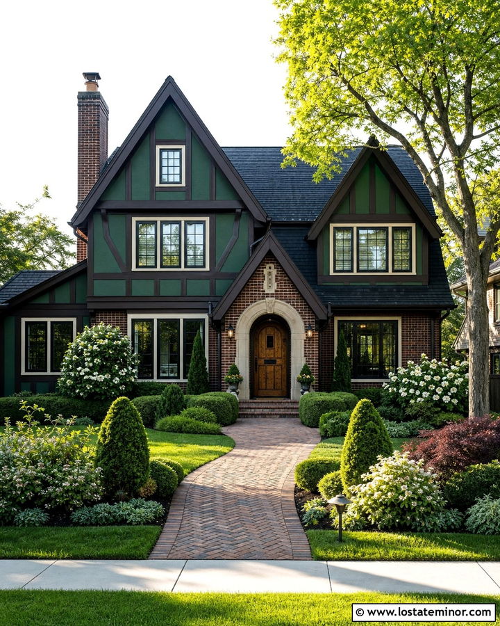 Forest Green Tudor With Brick Walkway - 30 Forest Green House Design With Front Yard Ideas